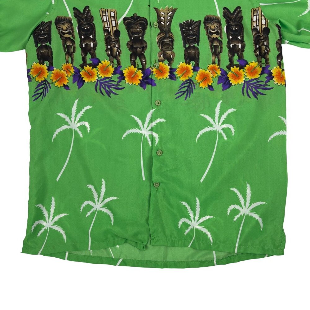 OnShore Hawaiian Shirt Mens Size Medium Green Tiki Statues Tropical Palm Trees S - Picture 7 of 11